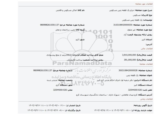 مزایده، یک قطعه زمین مسکونی