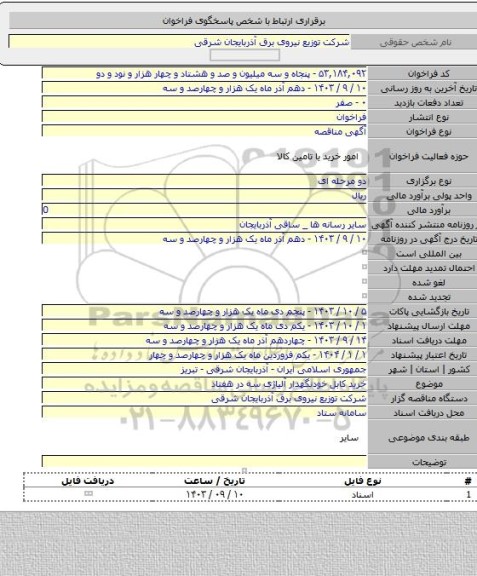 مناقصه, خرید کابل خودنگهدار آلیاژی سه در هفتاد