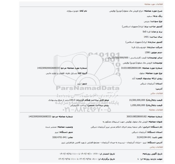مزایده، فروش مال منقول(خودرو) توقیفی