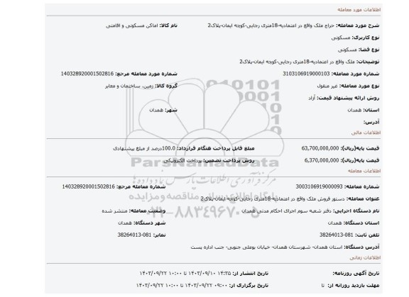 مزایده، ملک واقع در اعتمادیه-18متری رجایی-کوچه ایمان-پلاک2