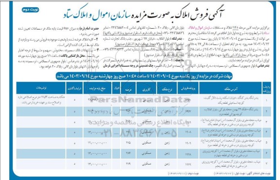 مزایده فروش املاک  نوبت دوم 