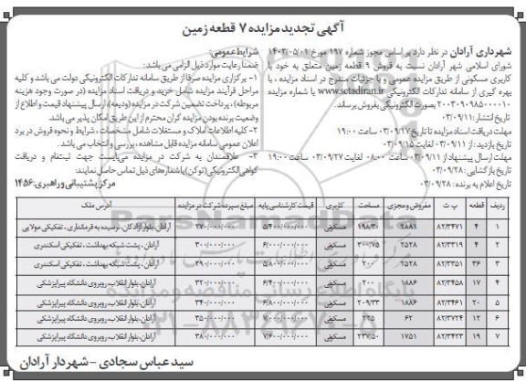 تجدید مزایده فروش 9 قطعه زمین 
