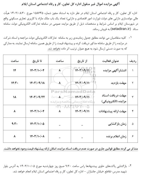 مزایده فروش تعداد یک باب ملک مازاد با کاربری تجاری مسکونی