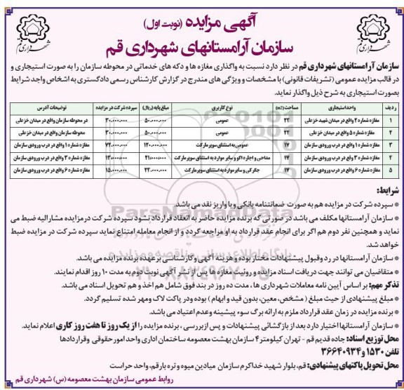 مزایده واگذاری مغازه ها و دکه های خدماتی در محوطه سازمان