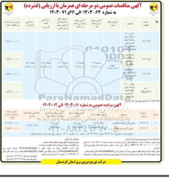 مناقصه و مزایده فروش مس متفرقه اسقاط و نو..