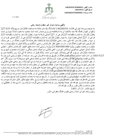 مزایده ششدانگ یک باب خانه به مساحت 200 متر مربع پلاک 227/435