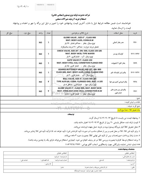 استعلام خرید 6 ردیف شیرآلات صنعتی 