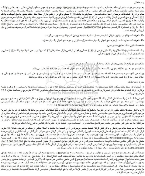 مزایده فروش ششدانگ عرصه و اعیان یک باب منزل مسکونی به پلاک 1130 اصلی