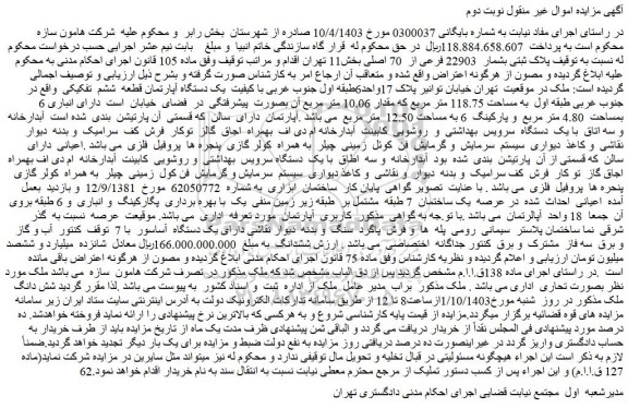 مزایده فروش یک دستگاه آپارتمان قطعه ششم تفکیکی