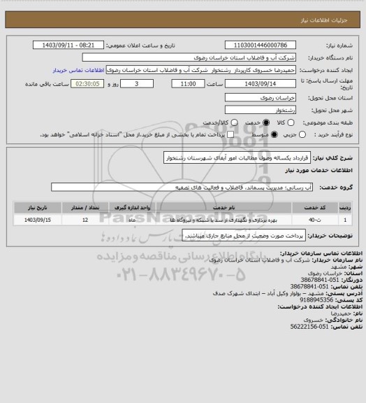 استعلام قرارداد یکساله وصول مطالبات امور آبفای شهرستان رشتخوار