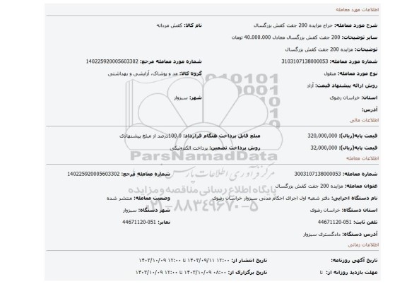 مزایده، مزایده 200 جفت کفش بزرگسال