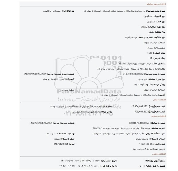 مزایده، مزایده ملک واقع در سبزوار خیابان ابوریحان - ابوریحان 1 پلاک 10