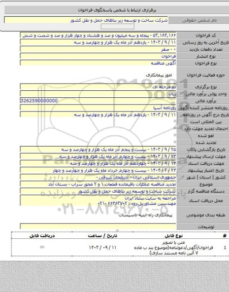 مناقصه, تجدید مناقصه عملیات باقیمانده قطعات ۱ و ۲ محور سراب - بستان آباد