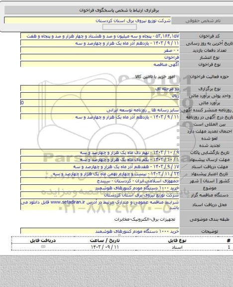 مناقصه, خرید ۱۰۰۰ دستگاه مودم کنتورهای هوشمند