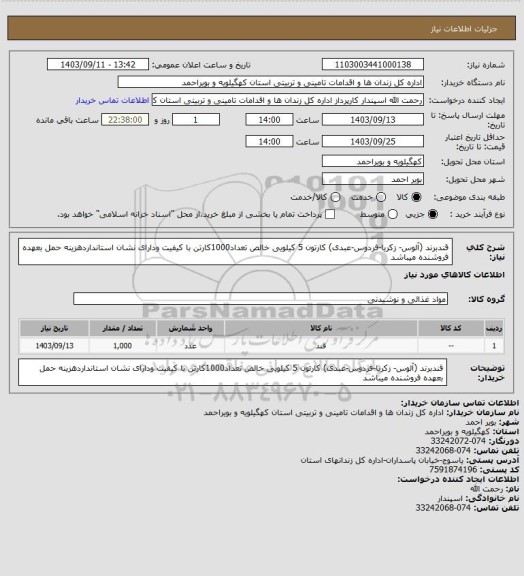 استعلام قندبرند (آلوس- زکریا-فردوس-عبدی) کارتون 5 کیلویی خالص تعداد1000کارتن با کیفیت ودارای نشان استانداردهزینه حمل بعهده فروشنده میباشد