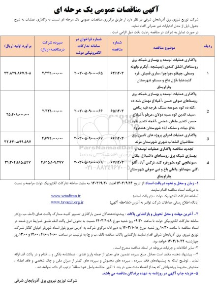 مناقصه واگذاری عملیات توسعه و بهسازی شبکه برق روستاهای...