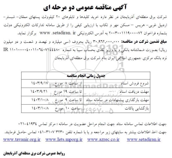 مناقصه عمومی خرید تابلوهای 20 کیلوولت...