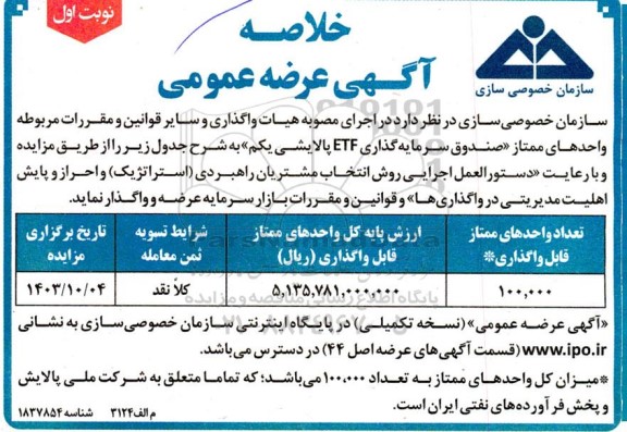 خلاصه آگهی عرضه عمومی واحدهای ممتاز صندوق سرمایه گذاری etf پالایشی
