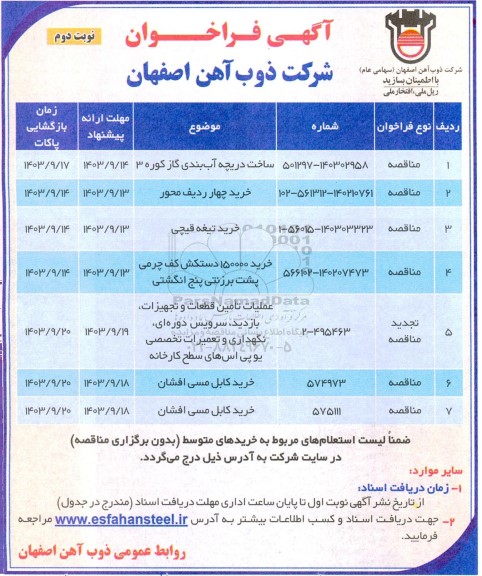 مناقصه ساخت دریچه آب بندی گاز کوره 3... نوبت دوم