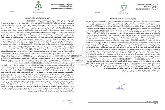 مزایده سه سهم از دوازده سهم مشاع ششدانگ یک باب ساختمان به پلاک ثبتی 288.363