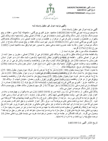 مزایده فروش ششدانگ پلاک ثبتی شماره 1866 فرعی از 2798 اصلی