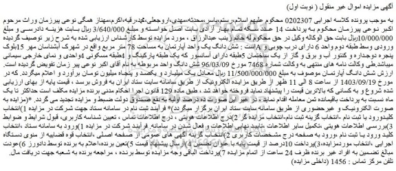 مزایده فروش شش دانگ یک واحد آپارتمان به مساحت 78 متر مربع