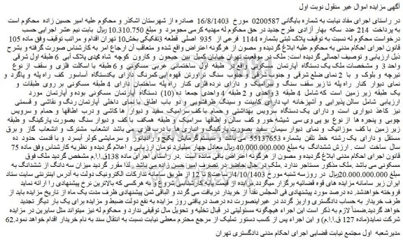مزایده فروش یک دستگاه آپارتمان مسکونی