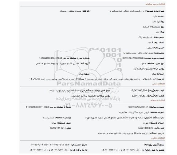 مزایده، فروش لوازم خانگی بابت محکوم به