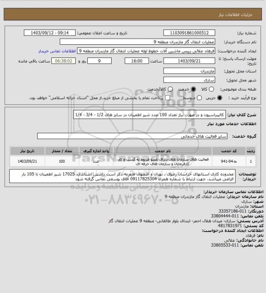 استعلام کالیبراسیون و در صورت نیاز تعداد 100 عدد شیر اطمینان در سایز های 1/2 - 3/4 - 1/4