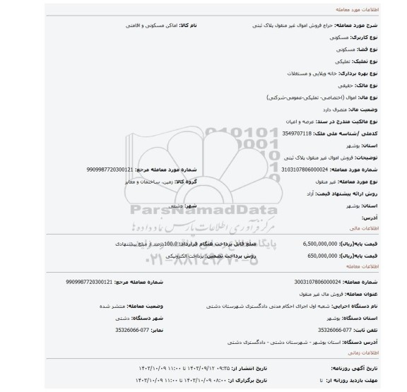 مزایده، فروش اموال غیر منقول پلاک ثبتی
