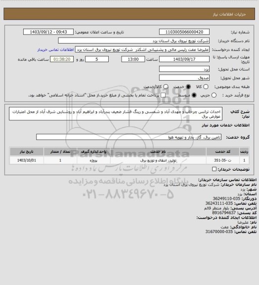 استعلام احداث ترانس چرخاب و مهدی آباد و شمسی و رینگ فشار ضعیف بندرآباد و ابراهیم آباد و 
روشنایی شرف آباد از محل اعتبارات عوارض برق