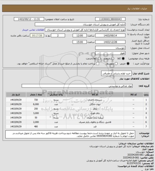 استعلام خرید لوازم پذیرایی و مصرفی