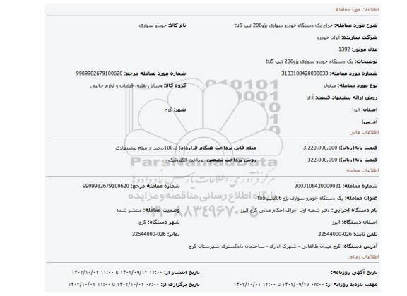 مزایده، یک دستگاه خودرو سواری پژو206 تیپ tu5