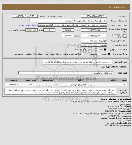 استعلام بسته سبد کالا به تعداد94 نفر به ارزش هر بسته برای یک نفر40.000.000 ریال