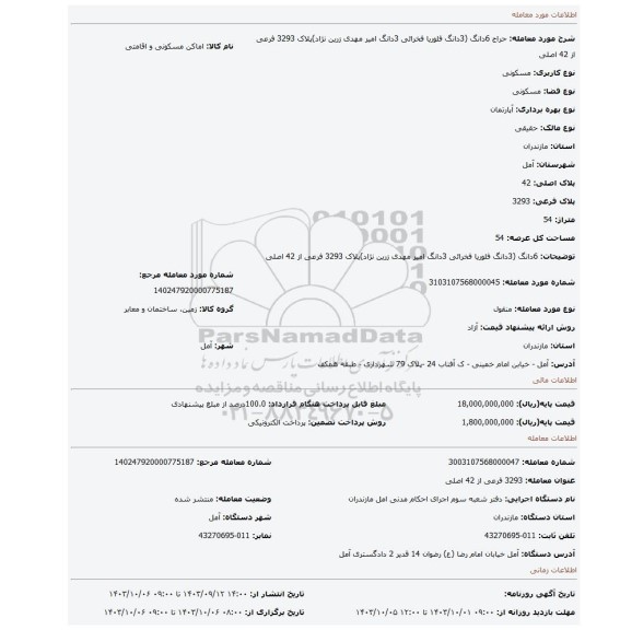 مزایده، 6دانگ (3دانگ فلوریا فخرائی 3دانگ امیر مهدی زرین نژاد)پلاک 3293 فرعی از 42 اصلی