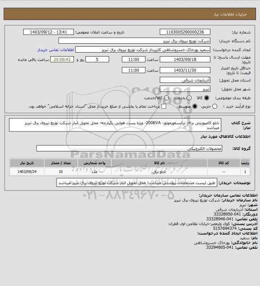 استعلام تابلو کامپوزیتی برای ترانسفورموتور- 200KVA- ویژه پست هوایی یکپارچه- محل تحویل انبار شرکت توزیع نیروی برق تبریز میباشد