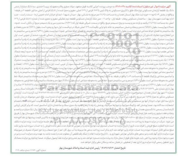 مزایده سه دانگ مشاع از شش دانگ یک قطعه آپارتمان مسکونی به پلاک ثبتی 12035 فرعی از 139 اصلی