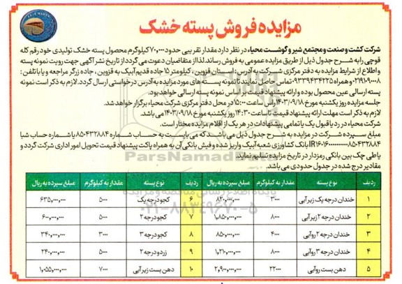 مزایده فروش پسته خشک