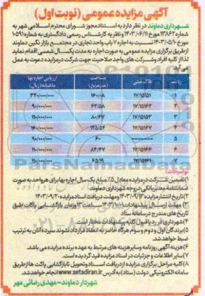 مزایده اجاره 7 باب واحد تجاری