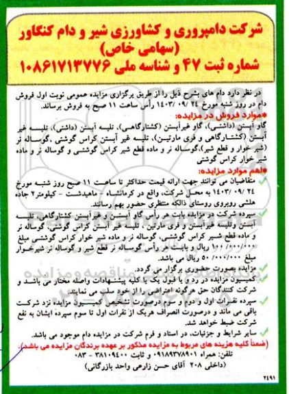 مزایده فروش گاو آبستن( داشتی)- گاو غیر آبستن...