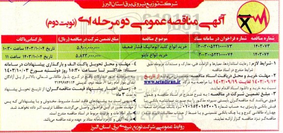 مناقصه خرید انوا کلید اتوماتیک فشار ضعیف و خرید انواع تابلو نوبت دوم
