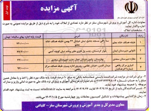 مزایده اجاره تعدادی از املاک 
