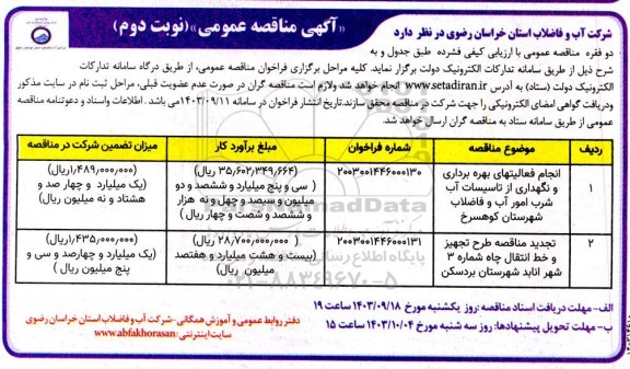 مناقصه انجام فعالیتهای بهره برداری و نگهداری از تاسیسات آب شرب ...  نوبت دوم 