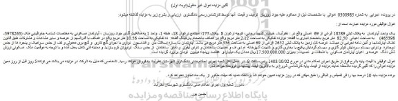 مزایده فروش یک واحد آپارتمان به پلاک ثبتی 18589 فرعی از 69 اصلی