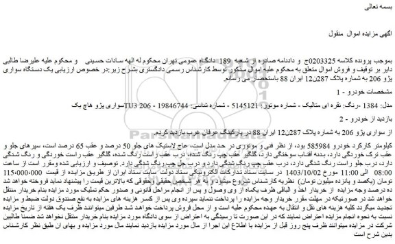 مزایده سواری پژو هاچ بک TU3 206 - مدل: 1384 -رنگ: نقره ای متالیک