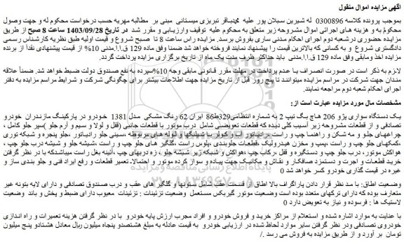 مزایده فروش یک دستگاه سواری پژو 206 هاچ بگ تیپ 2