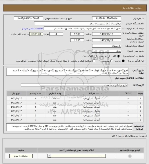 استعلام امبوبگ نوزاد = 4 عدد
امبوبگ کودک = 2 عدد
امبوبگ بزرگسال = 5 عدد
رزرو بگ نوزاد = 5 عدد
رزروبگ =کودک = 2 عدد
رزروبگ بزرگسال = 7 عدد