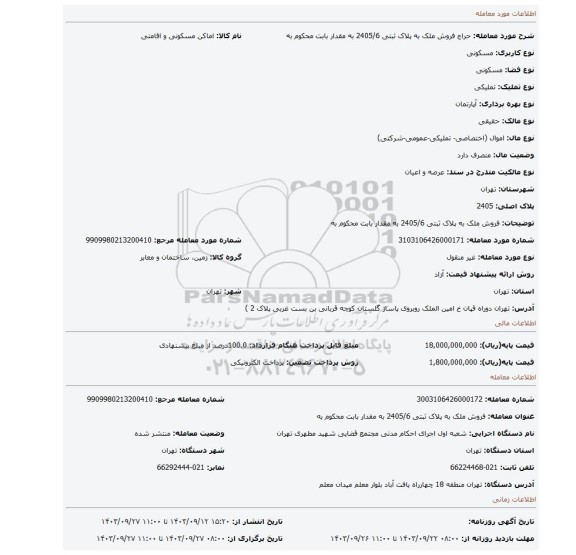مزایده، فروش ملک به پلاک ثبتی 2405/6 به مقدار بابت محکوم به