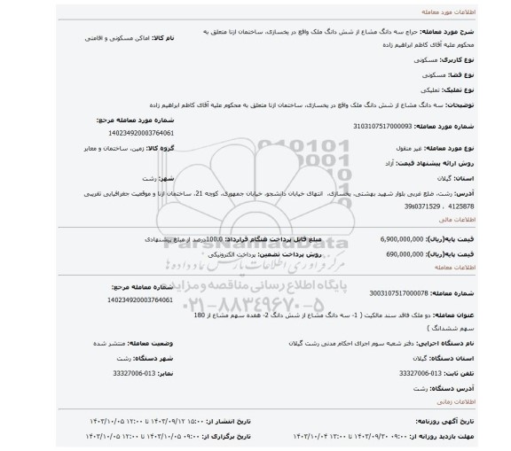 مزایده، سه دانگ مشاع از شش دانگ ملک واقع در یخسازی، ساختمان ازنا متعلق به محکوم علیه آقای کاظم ابراهیم زاده