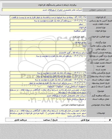 مناقصه, انتخاب مهندس مشاور واجد شرایط برای نظارت کارگاهی بر پروژه های ، در سطح شهر جدید بهارستان  ( پروژه ها